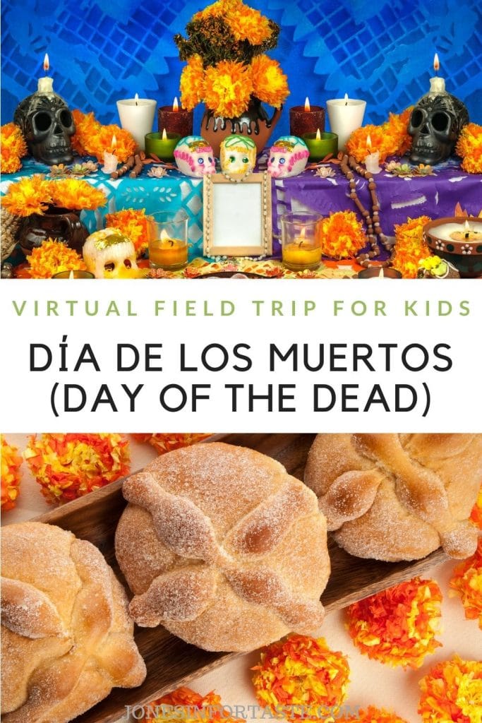 a collage of Day of the Dead images with a text graphic in the middle