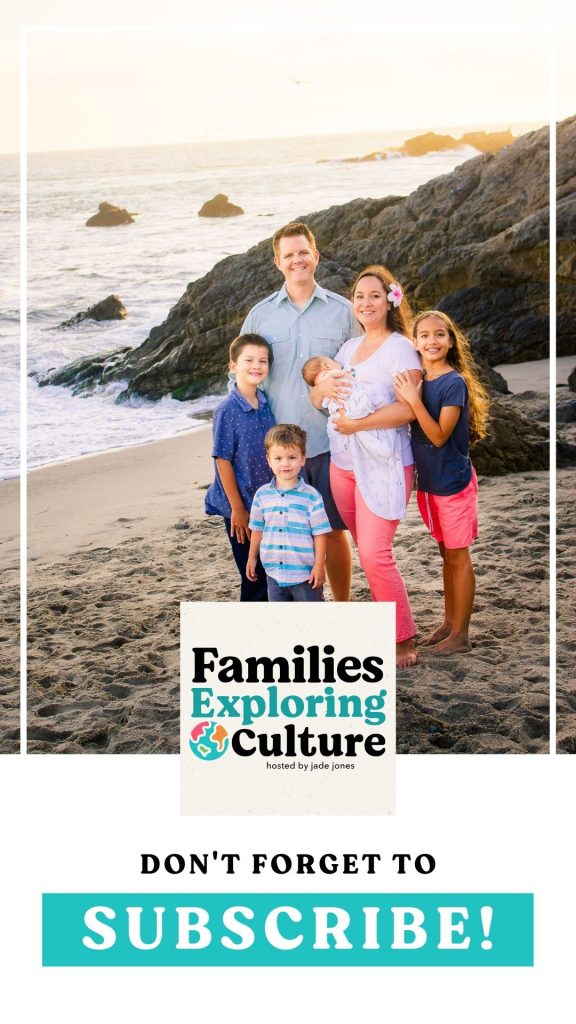 my family standing on a beach with a text graphic calling people to subscribe to the podcast