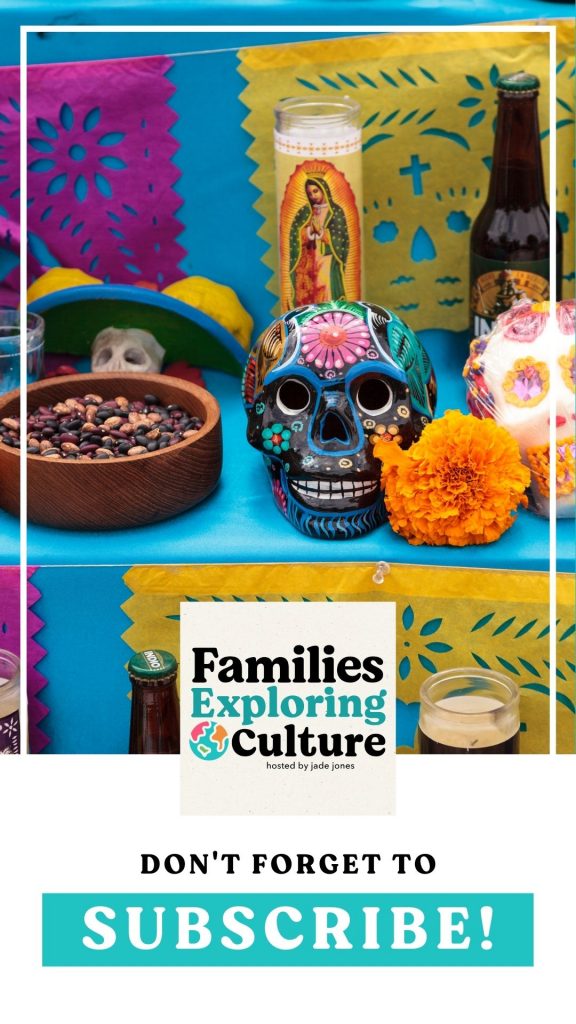 a picture of an ofrenda with a text overlay calling people to subscribe to the podcast