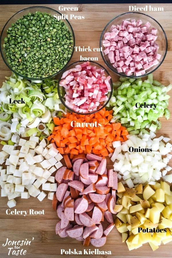 ingredients needed for the soup on a cutting board