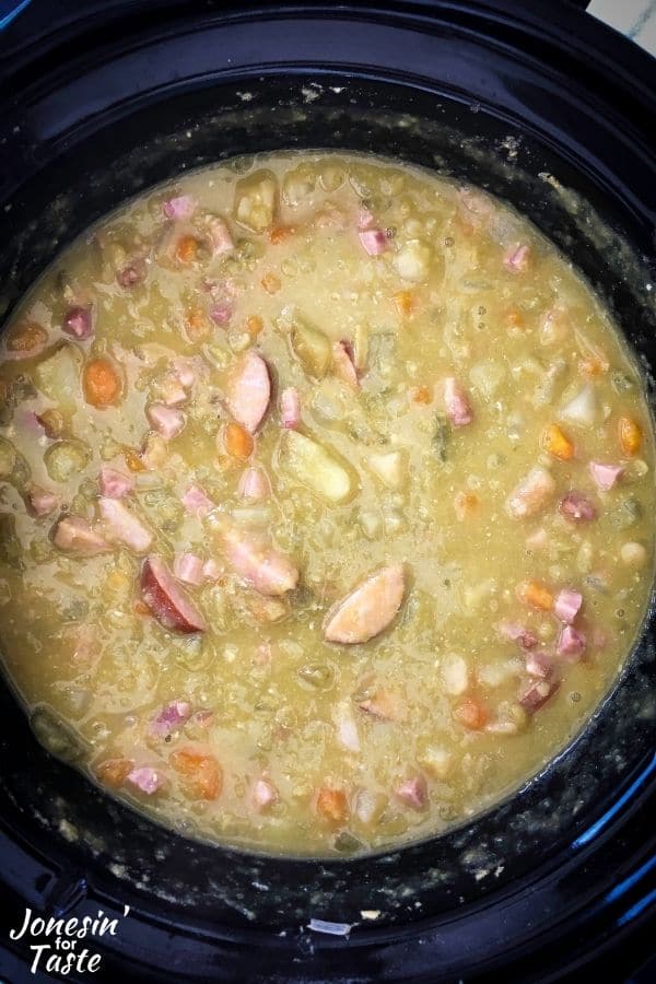 the cooked soup in a slow cooker