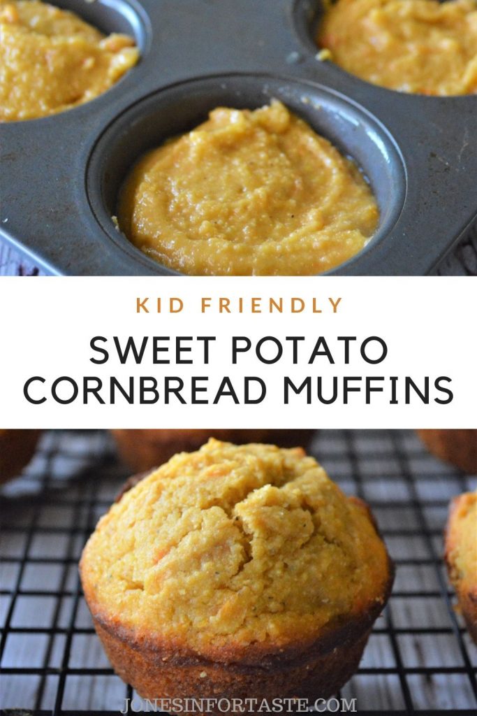 photo collage of sweet potato muffins with text graphic in the middle