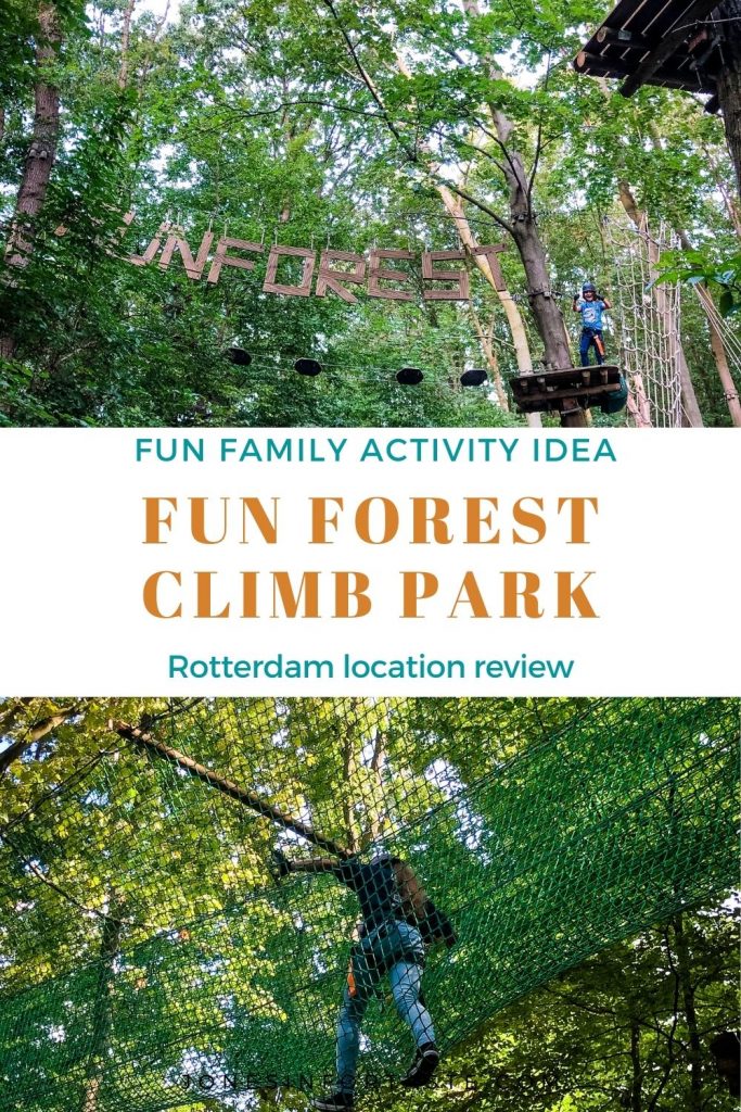 a 2 photo collage of kids climbing in the Fun Forest Climb Park with a text graphic in the center