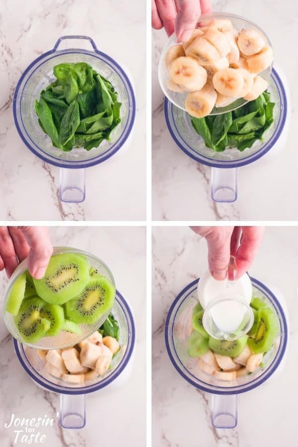 a sequence of photos showing spinach, bananas, kiwis, and then milk being added to a blender