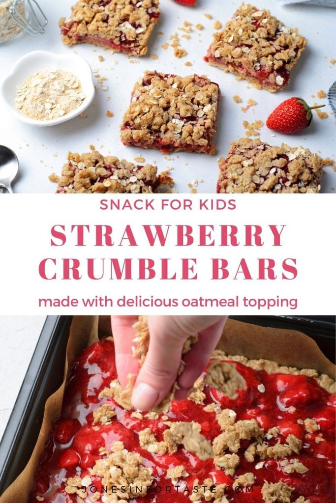 a 2 photo collage with a text graphic in the center that says strawberry crumble bars