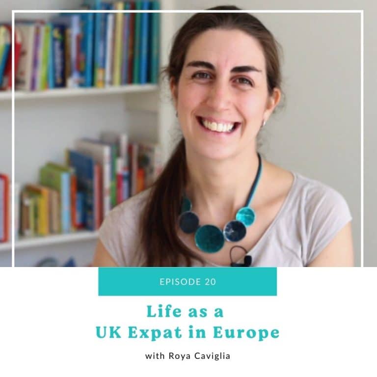 a text and photo collage with a picture of a woman with brown hair and a bold bubble turquoise necklace smiling at the camera and text that says episode 25 life as a UK expat in Europe