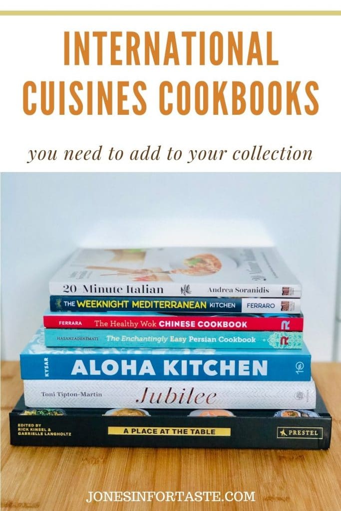 a picture of a colorful stack of cookbooks with text that says international cuisines cookbooks you need to add to your collection