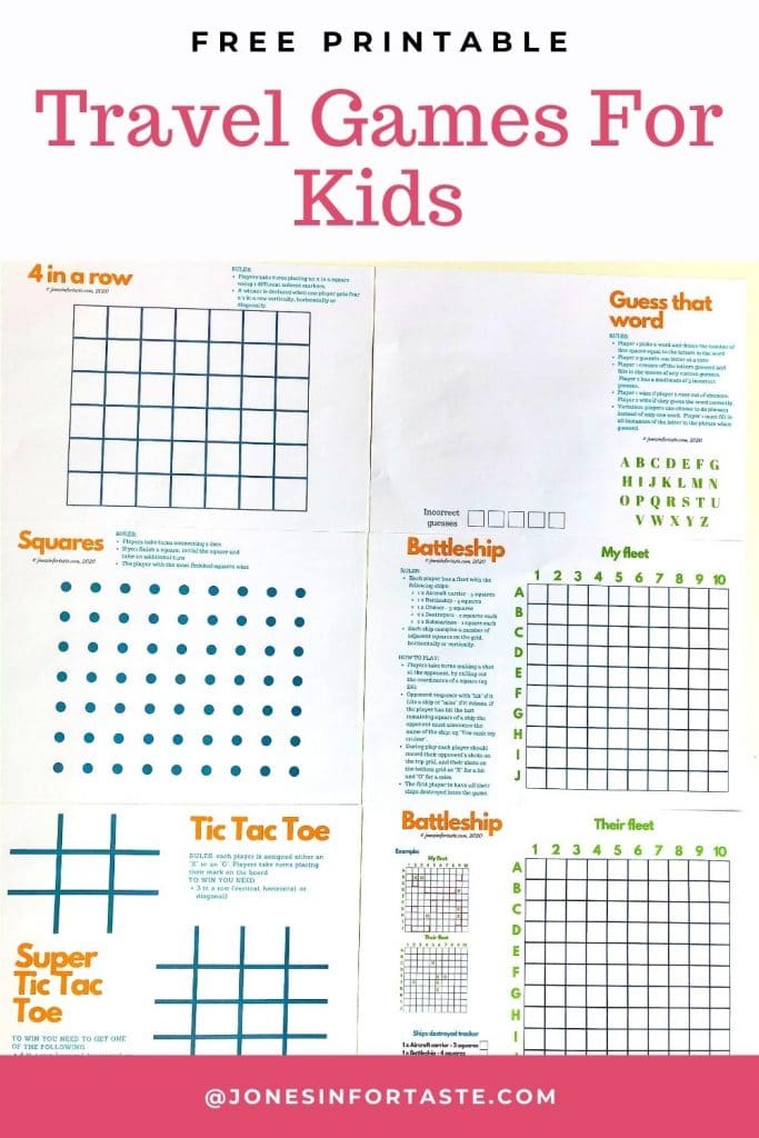 a text and photo collage showing the pages of the printables with text that reads free printable travel games for kids