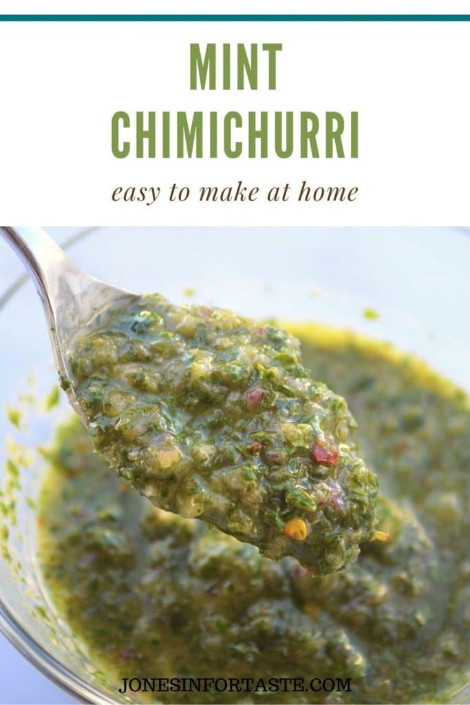 a spoon lifting out a spoonful of chimichurri from a glass bowl. Text above the photo says mint chimichurri easy to make at home