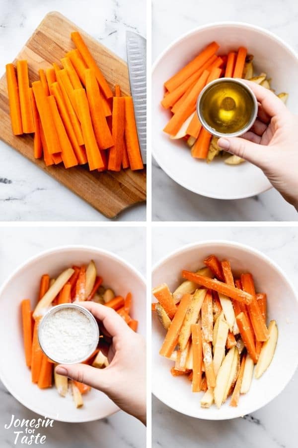 a 4 photo collage of the process steps to make the carrot fries