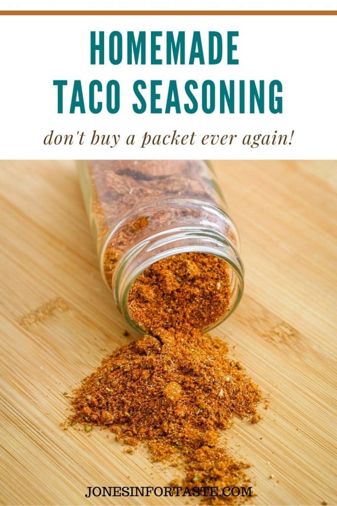 spices spilled out of a jar that is tipped over on its side on a cutting board text above the photo says homemade taco seasoning don't buy a packet ever again