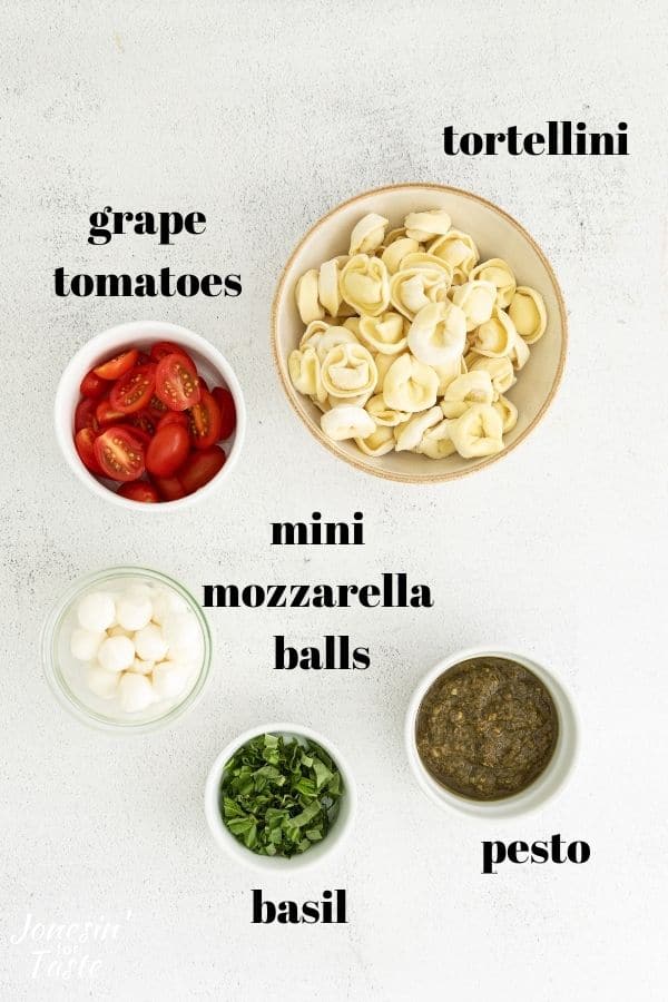 tortellini, grape tomatoes, mini mozzarella balls, pesto and chopped basil in various sized bowls