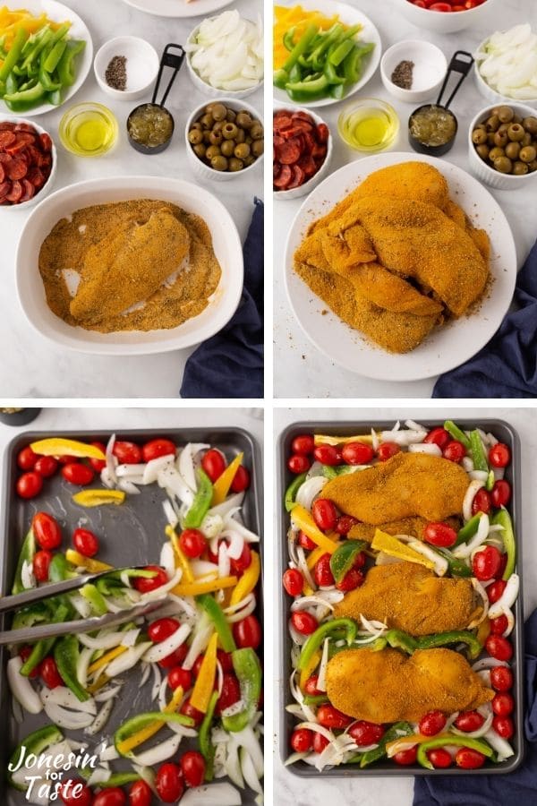 a 4 photo collage showing the first half of the process of making the sheet pan adobo chicken