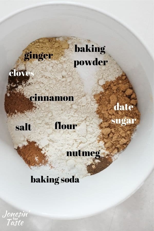 the dry ingredients in a bowl with the different items labeled