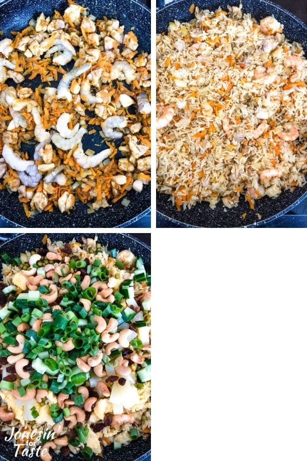 a 3 photo collage showing shrimp and curry paste being added, then rice, and then the remaining ingredients