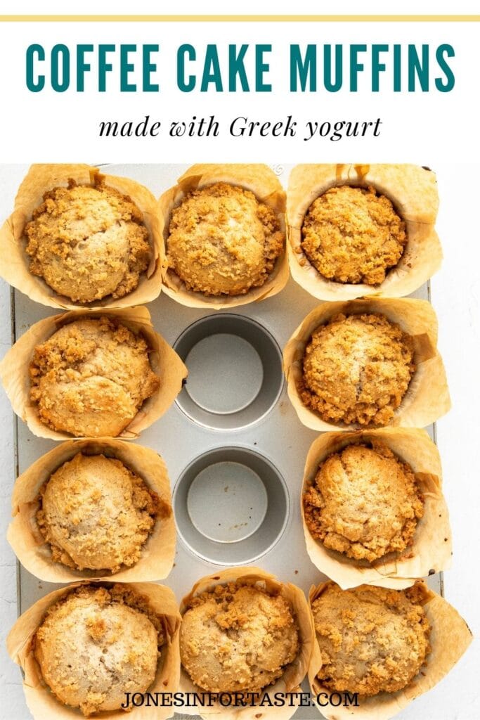 baked coffee cake muffins in paper liners in a muffin tin