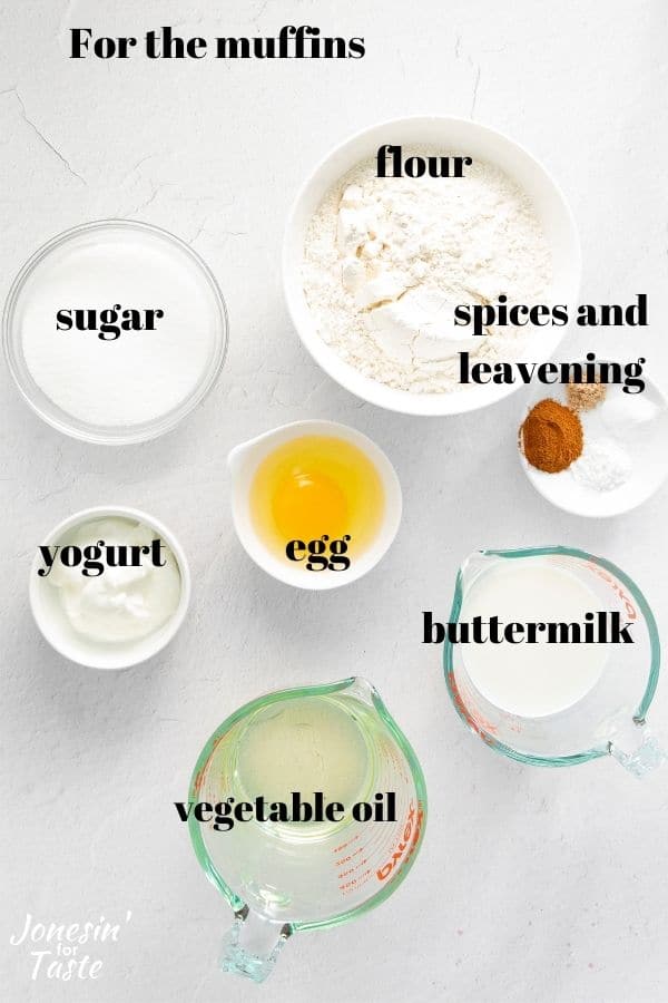 ingredients used to make the batter for the coffee cake muffins in bowls