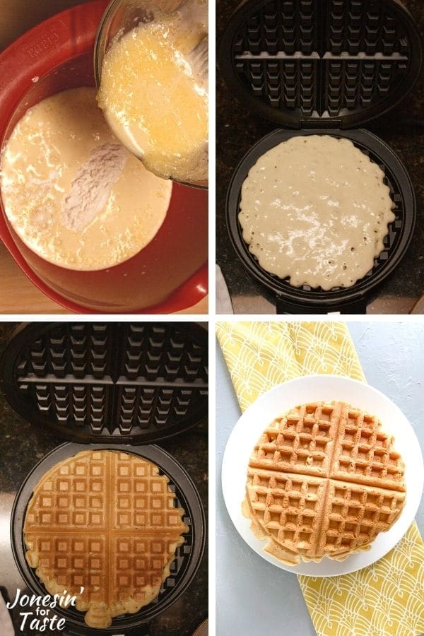 collage graphic showing photos of making the waffles