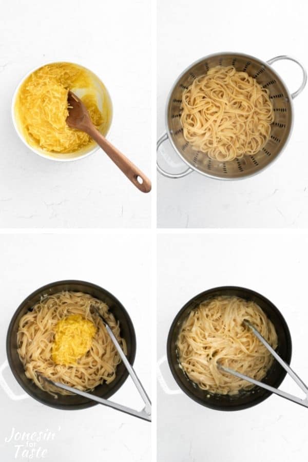 a 4 photo collage showing the steps to making the carbonara