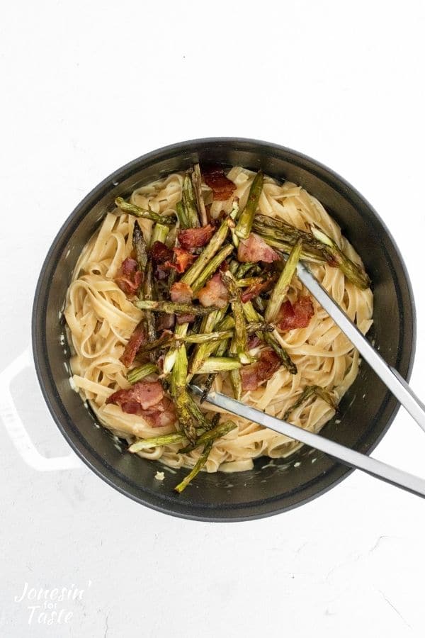 roasted asparagus and bacon tossed on to the top of the carbonara pastapasta