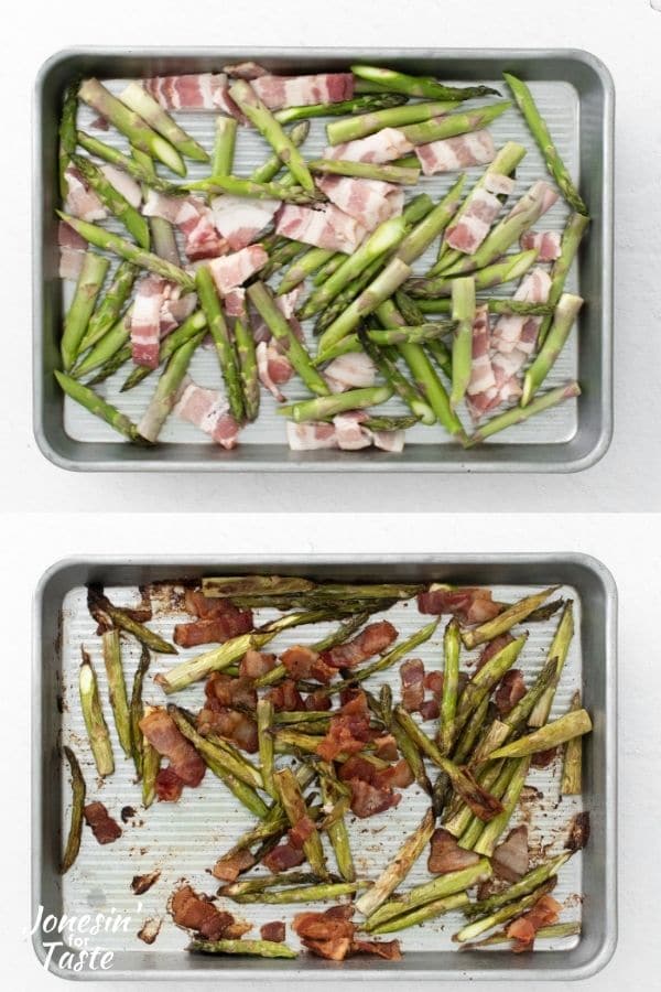 a photo collage showing the before and after of the asparagus and bacon on a cookie sheet