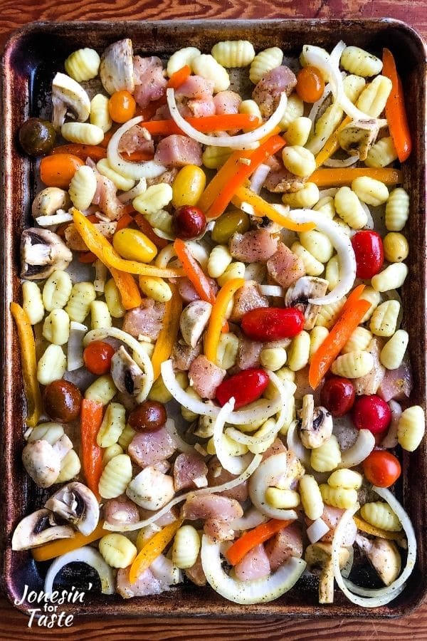 uncooked ingredients on a sheet pan